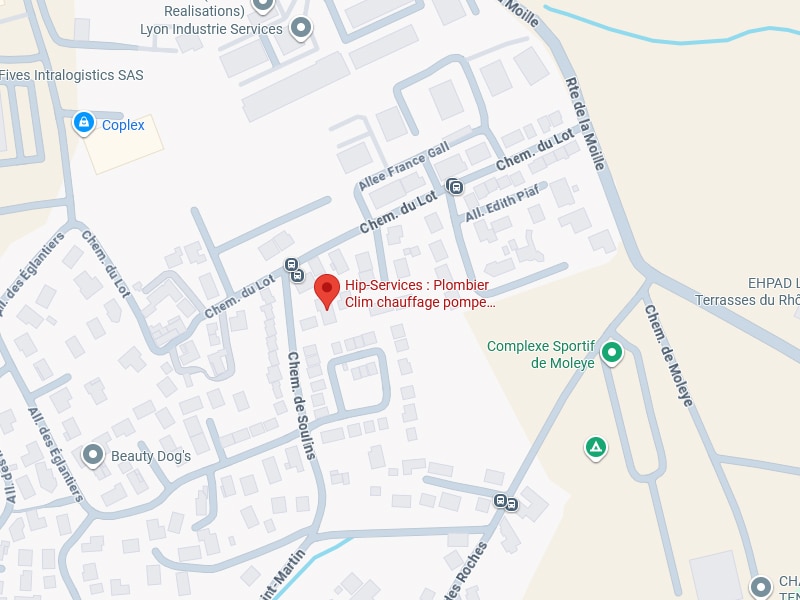 Hip-Services Plomberie : Localisation sur Carte Carte localisant Hip-Services Plomberie Clim chauffage pompe sur le Chemin du Lot, près du Complexe Sportif de Moley.