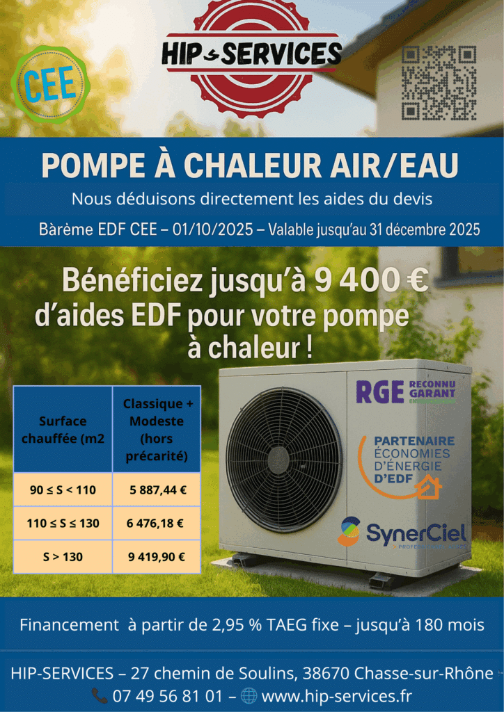Publicité HIP-SERVICES pour Pompe à Chaleur Air/Eau avec aides EDF CEE jusqu'à 9400€ et financement 2,95% TAEG.