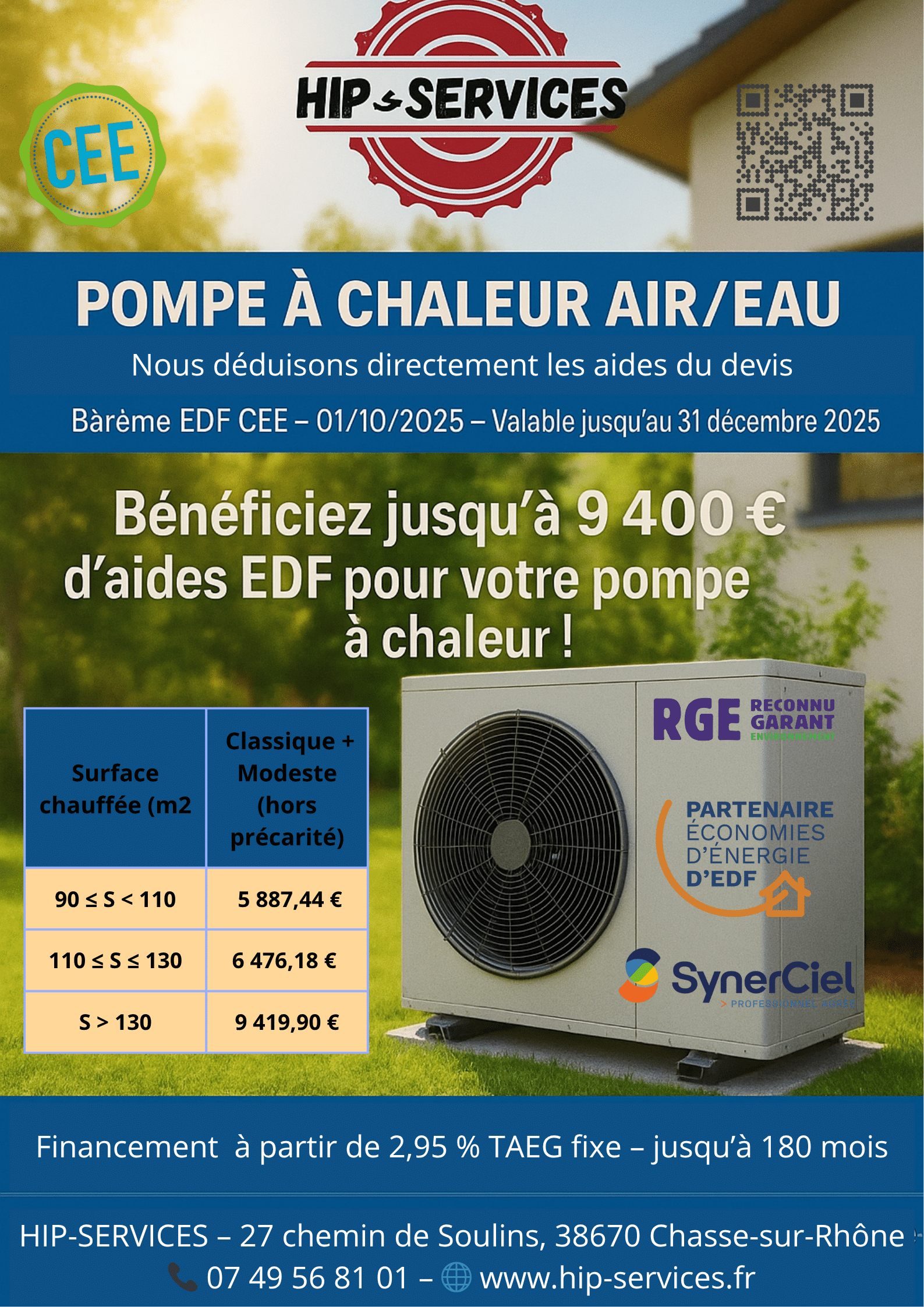 Publicité HIP-SERVICES pour Pompe à Chaleur Air/Eau avec aides EDF CEE jusqu'à 9400€ et financement 2,95% TAEG.