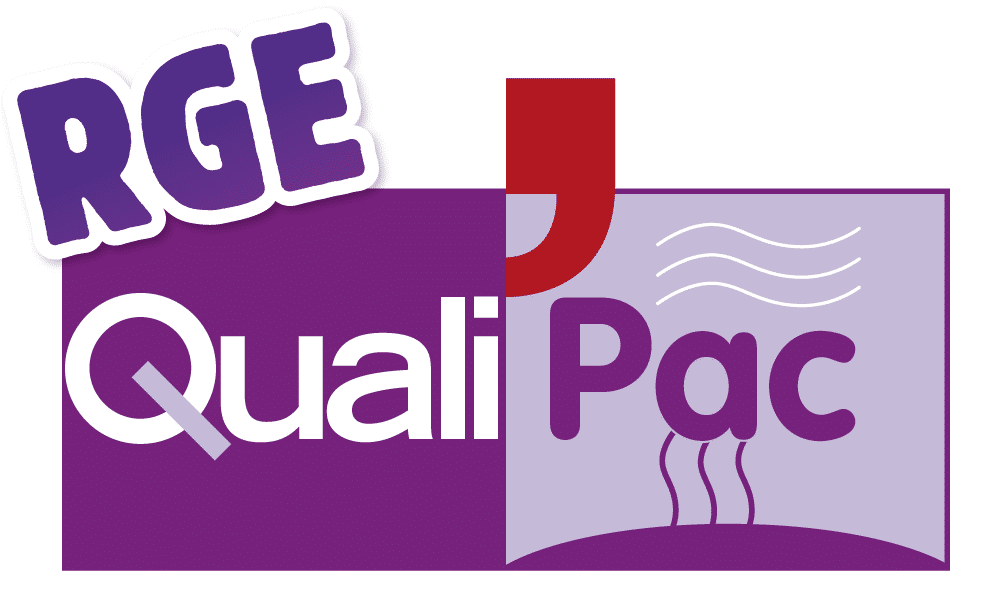 Logo RGE Quali Pac violet et blanc illustrant les pompes à chaleur avec des symboles de flux d'air thermique.